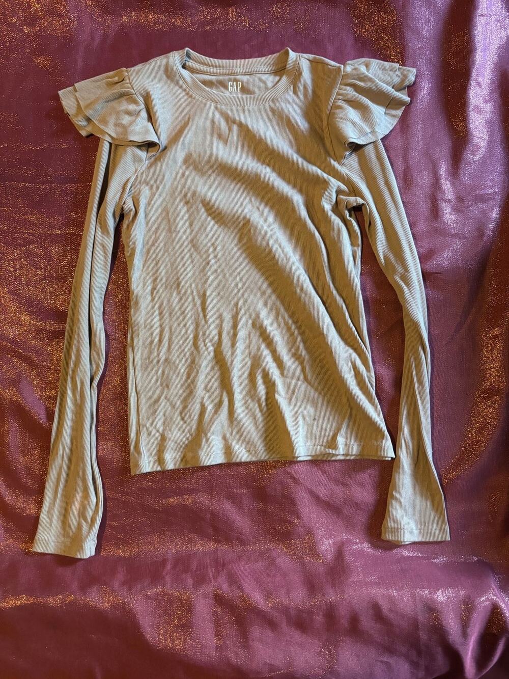 GAP Top Womens S Ribbed Long Sleeve Ruffle Shoulder Fitted Beige Casual Light